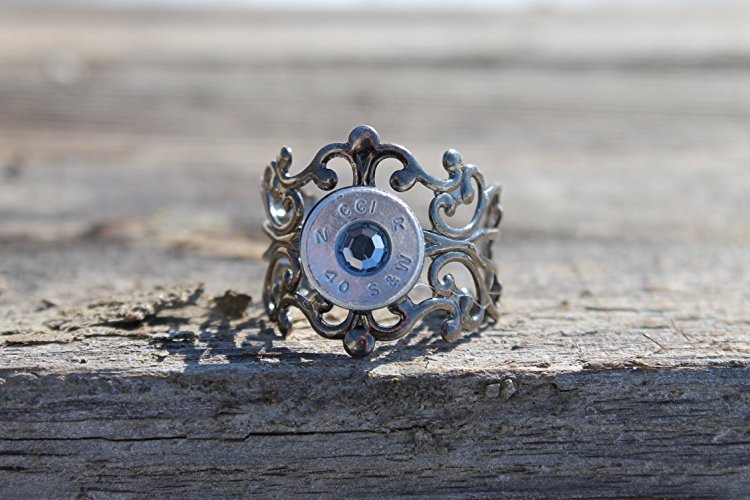 .40 Auto Smith and Wesson Gunmetal Filigree Ring with Aquamarine Crystal