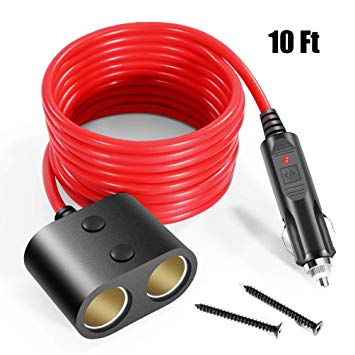 ZHSMS 12V Car Cigarette Lighter Extension Cord, 10 Ft Heavy Duty Cable with 2-Socket DC Power Plug Socket for Auto Truck Vehicle RV Appliances
