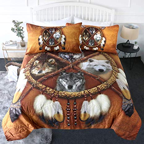 BlessLiving 3 Piece Wolf Dream Catcher Comforter Set with Pillow Shams Wolves Native Bedding 3D Printed Reversible Comforter Queen Size Bedding Sets Soft Comfortable Machine Washable, Brown Gold