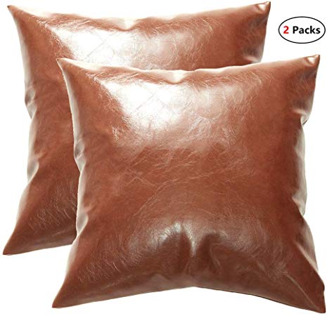 GirlyGirl Boutique Decorative Throw Pillow Covers Soft Brown Faux Leather Luxury Pillowcase for Couch, Bed, Office, Sofa, Pack of 2（18 x 18 Inch