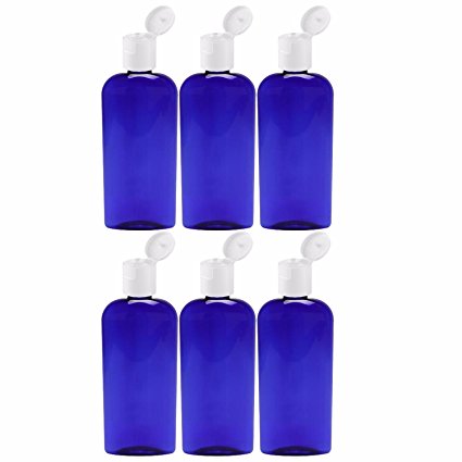 MoYo Natural Labs 8 oz Flip Cap Bottles, Empty Containers for Shampoo or Lotions, BPA Free PET Plastic Squeezable Toiletry/Cosmetic Bottles (6 pack, Cobalt Blue)