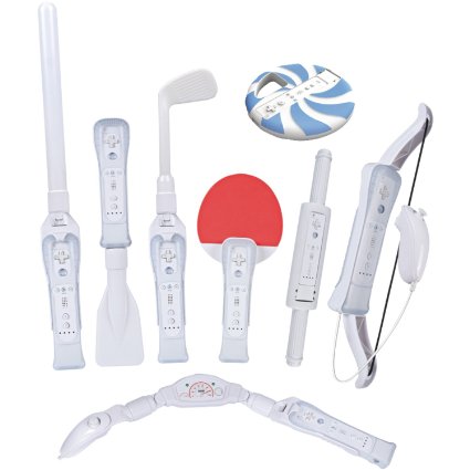 Wii Sports Resort Remote Controller Bundle, Jet ski, Ping paddle, Frisbee, Bow, Row boat, Wakeboard, Golf club, & Sword attachments, 8 in 1 Pack