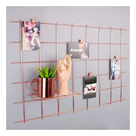 Simmer Stone Rose Gold Wall Grid Panel for Photo Hanging Display & Wall Decoration Organizer, Multi-functional Wall Storage Display Grid, 5 Clips & 4 Nails Offered, Set of 1, Size 31.5"x 20.5"