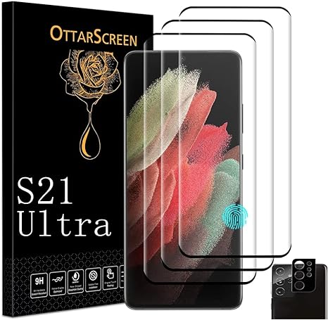 OttarScreen Galaxy S21 Ultra Screen Protector, 3 Pack Tempered Glass Screen Protector【3 1 Pack 】1 Pack Tempered Glass Camera Lens Protector, 3D Glass 9H Hardness Tempered Glass Screen Protector for Samsung Galaxy S21 Ultra 5g