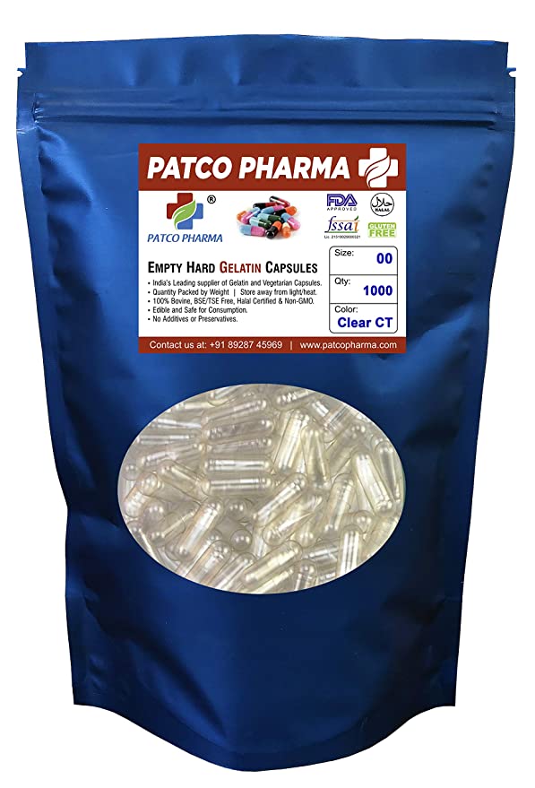 Patco Pharma - Size 00 Transparent Empty Gelatin Pill Capsule, Gluten Free/DIY Powder Filling (Pack Of 1000)