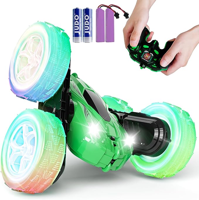 28℃ Remote Control Car, RC Cars Stunt Car Toy, 4WD 2.4Ghz Double Sided 360° Rotating RC Stunt Car with Headlights Wheel Lights, RC Cars Toys Gift for Kids Boys Girls on Birthday Christmas (Green)