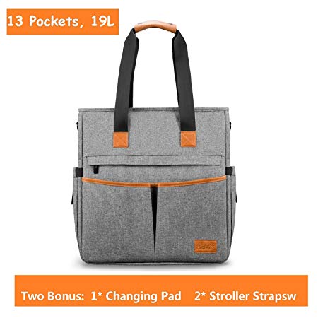 Diaper Bags Multi-Function - Unisex Large Nappy Bag Leather Handle with Changing Mat Shower Gifts for Mom Dad Travel 13 Pockets (Gray) Bable