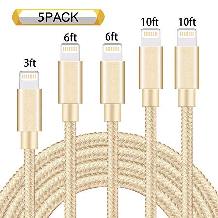 iPhone Charger,Neatlo MFi Certified Lightning Cable 5Pack[3/6/6/10/10FT] Extra Long Nylon Braided USB Charging & Syncing Cord Compatible iPhone Xs/Max/XR/X/8/8Plus/7/7Plus/6S/6S Plus/SE/iPad-Gold