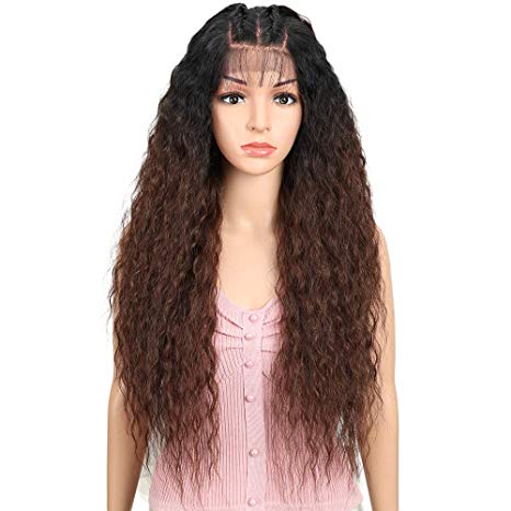 JOEDIR 28" Water Wavy Free Part Lace Frontal Wigs With Baby Hair Hight Temperature Synthetic Human Hair Feeling Wigs For Black Women 180% Density Wigs Ombre Color 200g(TT1B/33)
