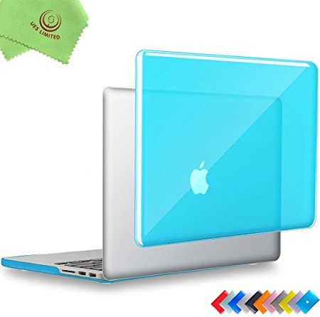 UESWILL Glossy Crystal Clear Hard Shell Case Cover for MacBook Pro 13" with Retina Display (Fits Models: A1502/A1425) (NOT for 2016 Version)   Microfibre Cleaning Cloth, Aqua Blue