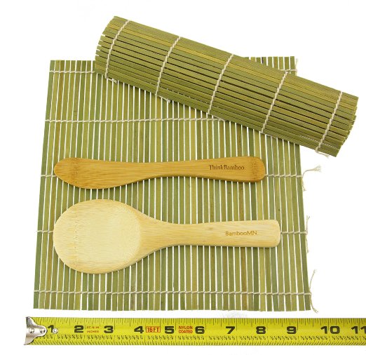 BambooMN Brand - Sushi Rolling Kit - 2x rolling mats, 1x rice paddle, 1x spreader - green