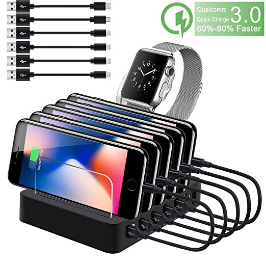 Charging Station for Multiple Devices, ideallife QC 3.0 Fast Charging Dock Organizer, 6 Smart Charging Ports with 6 Cables, Compatible with iPhone iPad and Android Cell Phone and Tablet (Black)