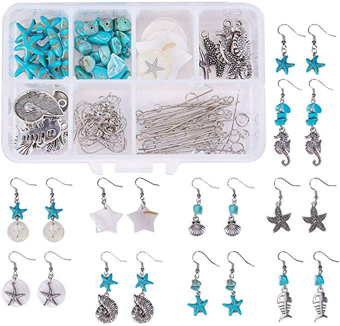 SUNNYCLUE 1 Box DIY 10 Pair Starfish Seahorse Shell Dangle Earring Making Kit Jewelry Making Supplies Beading Starter Kits for Beginner Adults, Fish Hook, Ocean Beach Theme