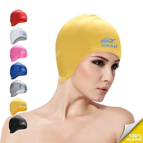 Whale Cover Ears Swim Caps for Adult Women Men Girl Youth Long Hair,Flexible and Ear Waterproof,100% Silicone Breathable Swim Cap Makes Your Hair Clean（Black,Blue,White,Silver,Red,Yellow,Pink）