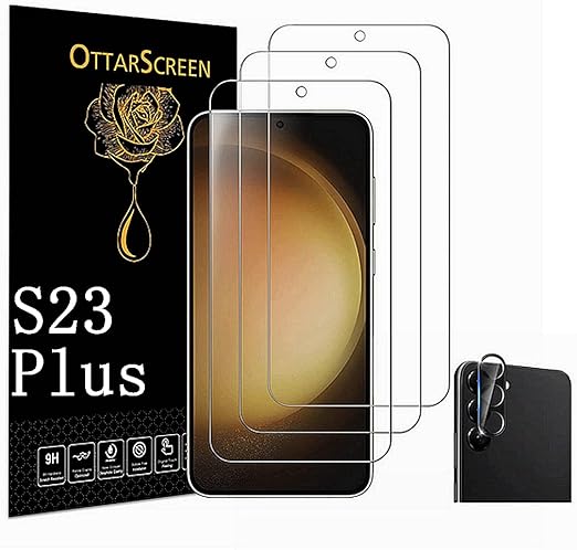 OttarScreen Galaxy S23 Plus Screen Protector, 3 Pack Tempered Glass Screen Protector, 1 Pack Camera Lens Protector【3 1 Pack 】 Compatible Fingerprint, 3D Glass 9H Hardness Tempered Glass Screen Protector for Samsung Galaxy S23 Plus Screen Protector