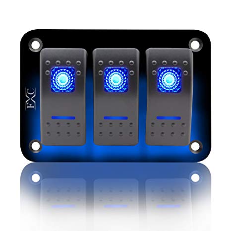 FXC Rocker Switch Aluminum Panel 3 Gang Toggle Switches Dash 5 Pin ON/Off 2 LED Backlit for Boat Car Marine Blue