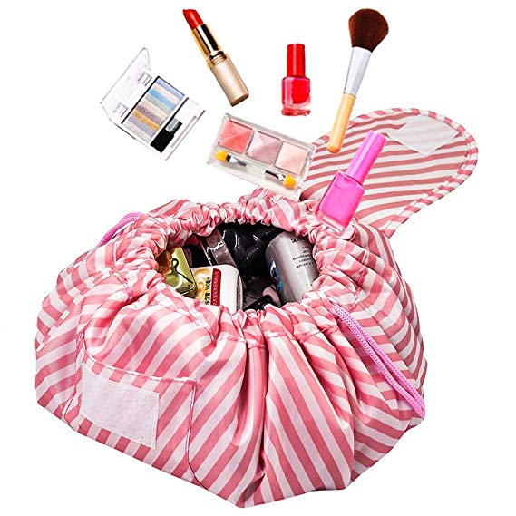 Palazen Large Capacity Lazy Cosmetic Bag Portable Drawstring Makeup Bag Travel Organizer … (Pink White Stripe)