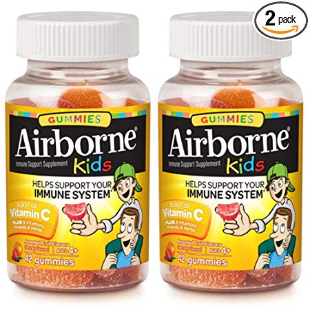 Airborne Kids Assorted Fruit Flavored Gummies, 42 count - 667mg of Vitamin C and Minerals & Herbs Immune Support (Pack of 2)