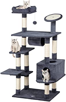 Yaheetech 157cm Multi-level Cat Tree Tower, Sisal Post Scratcher for Large Cats, Indoor Kitty Activity Centre with Scratching Pad/Condo/Tunnel/Dangling Toy, Dark Grey