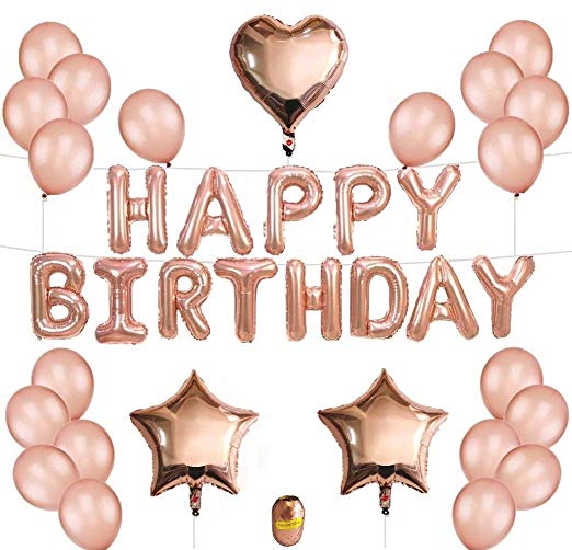 Rose Gold Party Decorations Set 18" Happy Birthday Banner 12" Rose Gold Balloons 18"Star & Heart Foil Balloons with Rose Gold String for Birthday Party and Decorations by E-commerce Outlet (Rose Gold)
