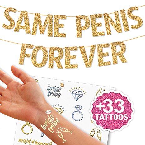 Big Gold Same Pen-is Forever Banner - 7.8 Inch Tall Letters, Bachelorette Party Decorations Set with Bonus Tattoos, Hen Party Banner Sign Decorations and Supplies Kit for Bridal Shower
