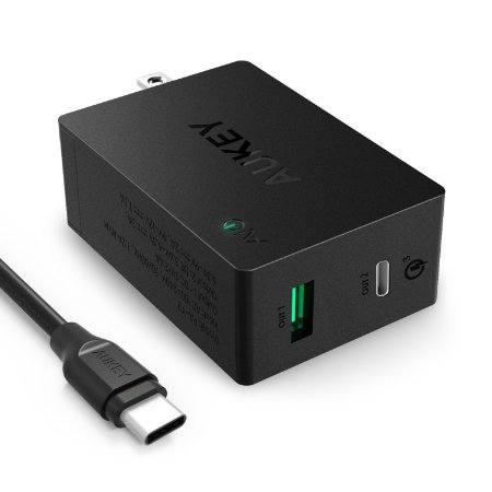 USB C Quick Charge 3.0 AUKEY Amp Type-C Dual-Port Wall Charger; Includes USB-C Cable for LG G5, HTC 10, Nexus 6P & More - Black