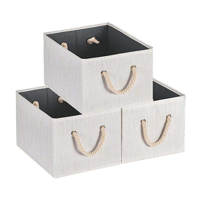 MaidMAX Cloth Storage Bins with Two Cotton Ropes Each, Bamboo Style, Grey, Set of 3