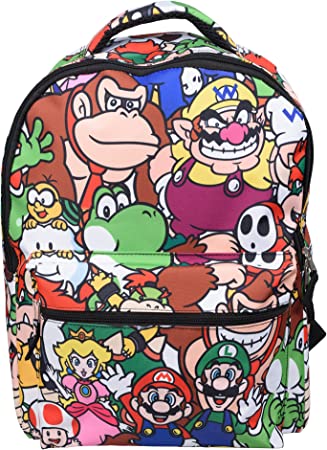 Nintendo Super Mario Backpack for Boys & Girls, School Bag with Front Pocket, Allover Character Print Gaming Bookbag with Padded Back and Adjustable Mesh Straps