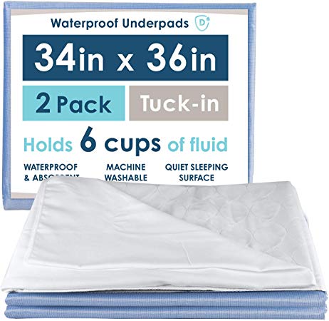 2 Pack of Waterproof Saddle Underpads with Tuck-in Tails, 34x36 Inches - Washable Incontinence Bed Pads for Kids, Adults or Pets