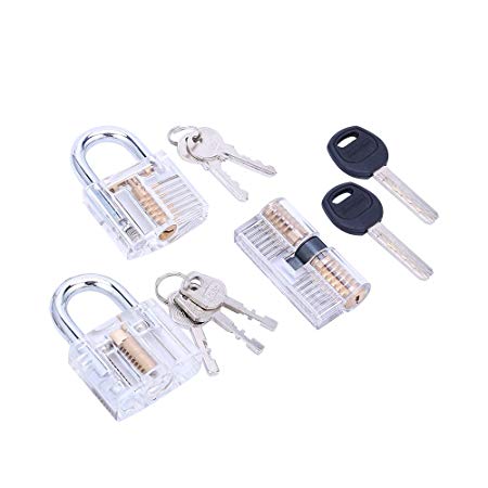 Lockmall 3-Piece Practice Lock Set, Transparent Training Cutaway Crystal Pin Tumbler Keyed Padlock, Clear Padlock, and AB Kaba Cylinder Lock (3 Pack)