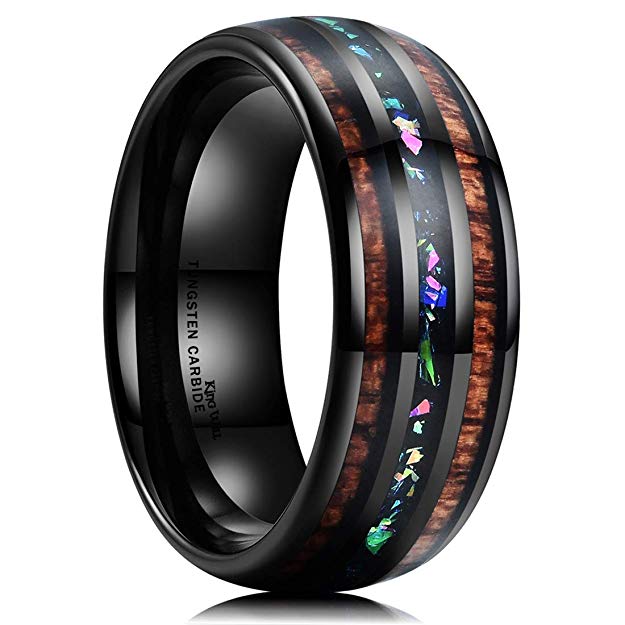 King Will Nature 8mm Tungsten Carbide Wedding Ring Inlaid with Real Wood & Colorful Fragments Engagement Band