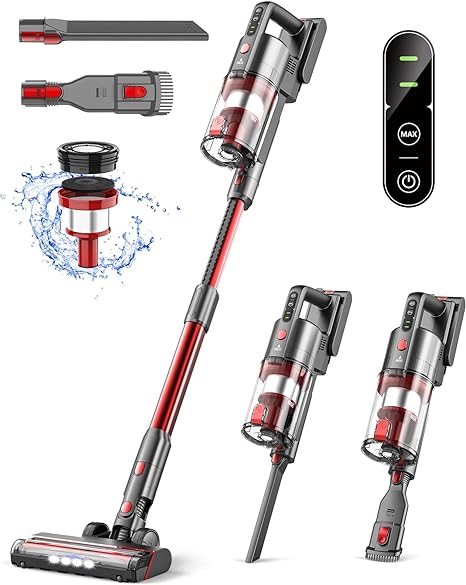 Fykee Cordless Vacuum Cleaner, 7 in 1 Cordless Vacuums with 35mins Runtime Detachable Battery and 1.2L Dust Cup, 85,000PRM Wireless Vacuum Cleaners has 2 Adjustable Suction Modes (Big Red)