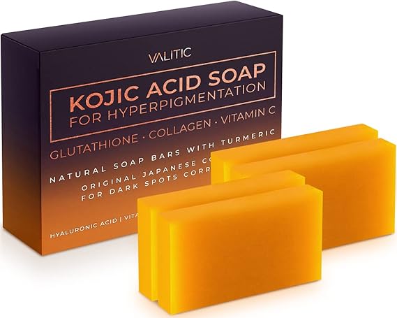 VALITIC Kojic Acid Soap for Hyperpigmentation - with Glutathione, Collagen & Vitamin C - Natural Soap Bars with Turmeric - Original Japanese Complex for Dark Spot Correction - 4 Pack