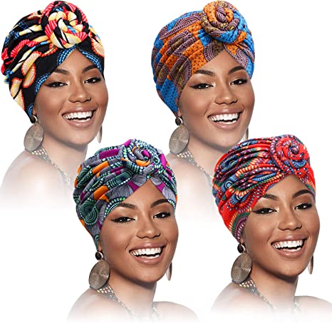 SATINIOR 4 Pieces African Pattern Headwrap Pre-Tied Bonnet Turban Knot Beanie Cap Headwrap Hat