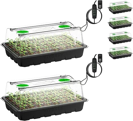 VIVOSUN 6-Pack Seed Starter Trays, 240-Cell Seed Starter Kit with 2 Set of LED Lights, 3.6" Higher Cover, Adjustable Vents, Drainage Holes, Green Propagation Tray for Planting Seed, 40 Cells x 6 Packs