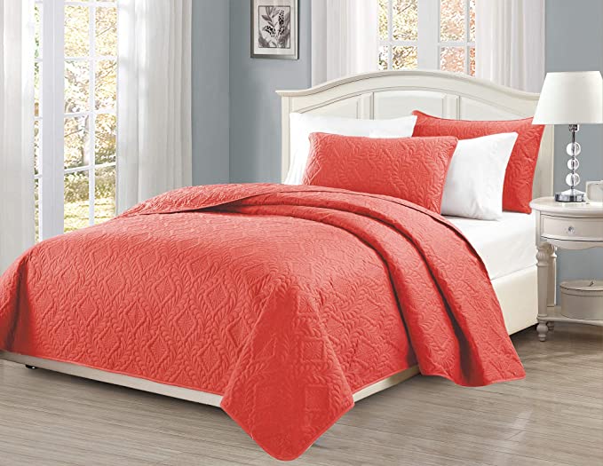 Mk Collection King/California King Over Size 118"x106" 3pc Diamond Bedspread Bed-Cover Embossed Solid Coral New