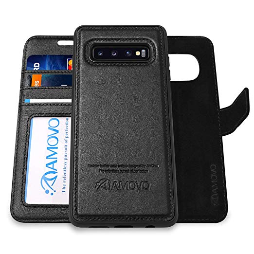 Galaxy S10 Plus Wallet Case Detachable [Genuine Leather] AMOVO Leather Case for Galaxy S10 Plus [2 in 1] [Wireless Charge] [Wristlet] Folio Case for Samsung S10  (S10Plus, Genuine Leather Black)