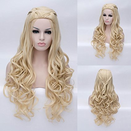 Aosler Game of Thrones Daenerys Targaryen Cosplay Wig Braided Blonde Long Curly Synthetic Hair Wigs