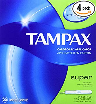 Tampax Cardboard Applicator Tampons, Super Absorbency, Unscented, 20 Count - Pack of 4 (80 Total Count)