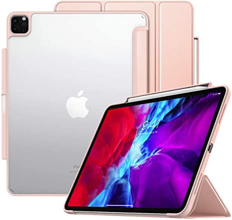 MoKo Case Fit iPad Pro 12.9 4th Gen 2020 & 2018 with Apple Pencil Holder [Support Wireless Charging] Smart Shell Protective Cover with Translucent Back Corner/Bumper, Auto Wake/Sleep - Rose Gold