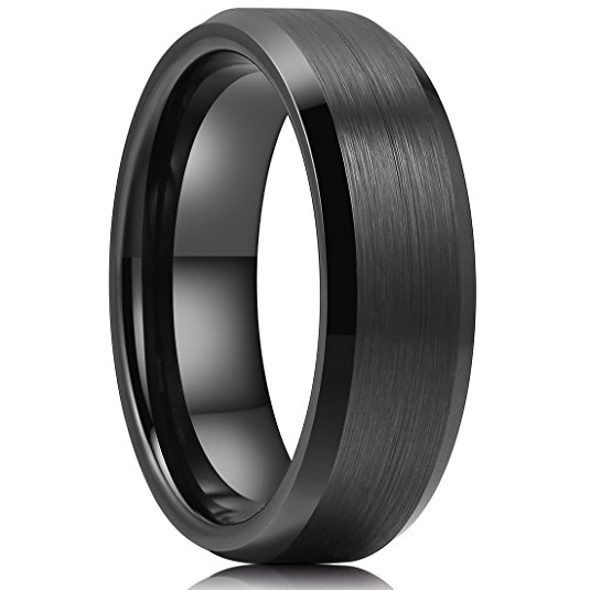 King Will BASIC 7mm Men Black Tungsten Carbide Wedding Ring Brushed Finish Beveled Polished Edge