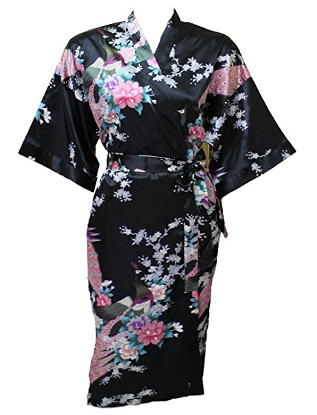 Artiwa Women's Kimono Style Satin Robe - Peacock & Blossom Design, Short