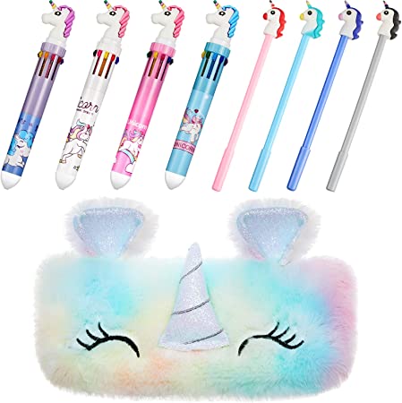 9 Pcs Unicorn Pen Set with Case Rainbow Unicorn Pens for Girls Plush Unicorn Pencil Case Fun Unicorn Multicolor Pen Kids Cute Gel Ink Pens Cartoon Unicorn Rollerball Pens for School Office Supplies