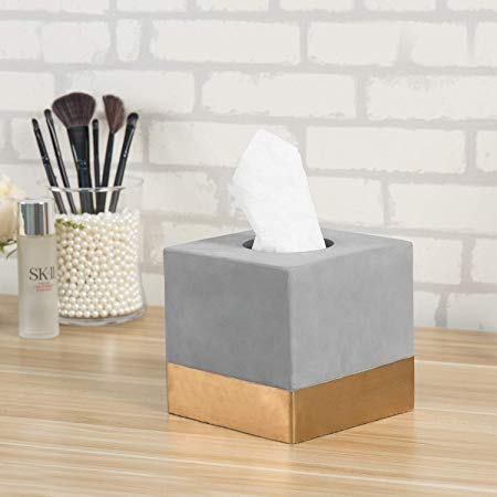MyGift Modern Gold-Tone & Gray Cement Square Tissue Box Cover