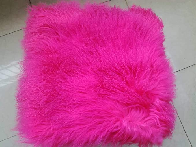 yingda1992 16 x 16in 100% Real Mongolian Lamb Fur Throw Pillow Cover Fur Decorative Cushion Cover Pillow Case for Living Room Bedroom,Rose Red