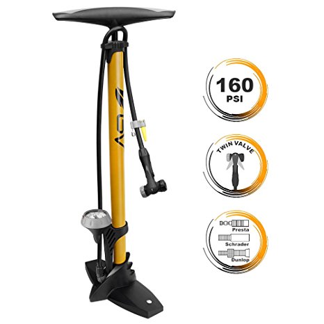 BV Floor Pump with Gauge & Smart Valve Head, 160 psi, Yellow, Automatically Reversible Presta and Schrader