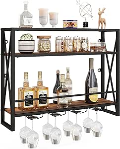 Giantex Wine Rack Wall Mounted, Industrial 3-Tier Metal Hanging Wine Bottle Glass Rack w/ 16-Bottle Holders, Heavy Duty Wall Wine Floating Shelves for Home Bar, Kitchen, Dining Room, Rustic Brown