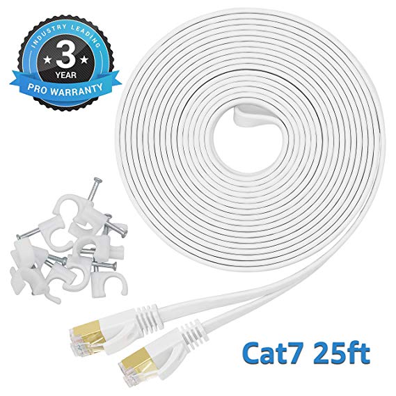 CAT 7 Ethernet Cable 25 Ft White Flat Gigabit High Speed Gigabit Shielded RJ45 LAN Cable