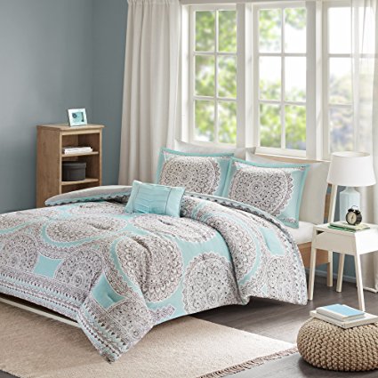 Comfort Spaces - Adele Comforter Set - 3 Piece - Aqua & Grey - Medallions Print - Twin/Twin XL Size, includes 1 Comforter, 1 Sham, 1 Decorative Pillow