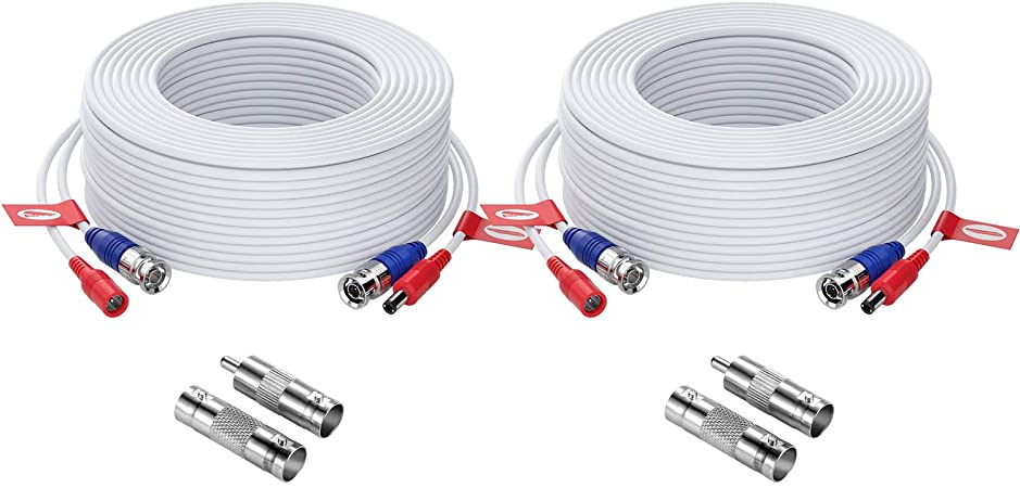 ZOSI 2 Pack 100ft (30 Meters) 2-in-1 Video Power Cable, BNC Extension Surveillance Camera Cables for Video Security Systems (Included 2X BNC Connectors and 2X RCA Adapters)-White Color